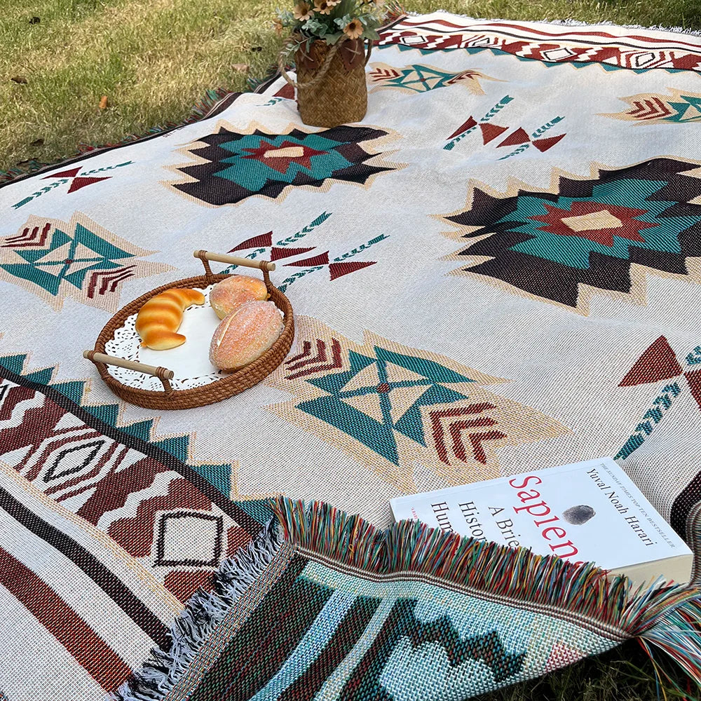 AztecaLoom Boho Blanket | XXL Aztec Plaid with Fringes | Southwestern Ethnic Style | Vintage Cotton Blend Throw Blanket
