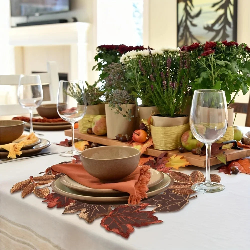 HarvestLeaf Table Runner | Embroidered Maple Leaf Design | Autumn Decor in Country House Style