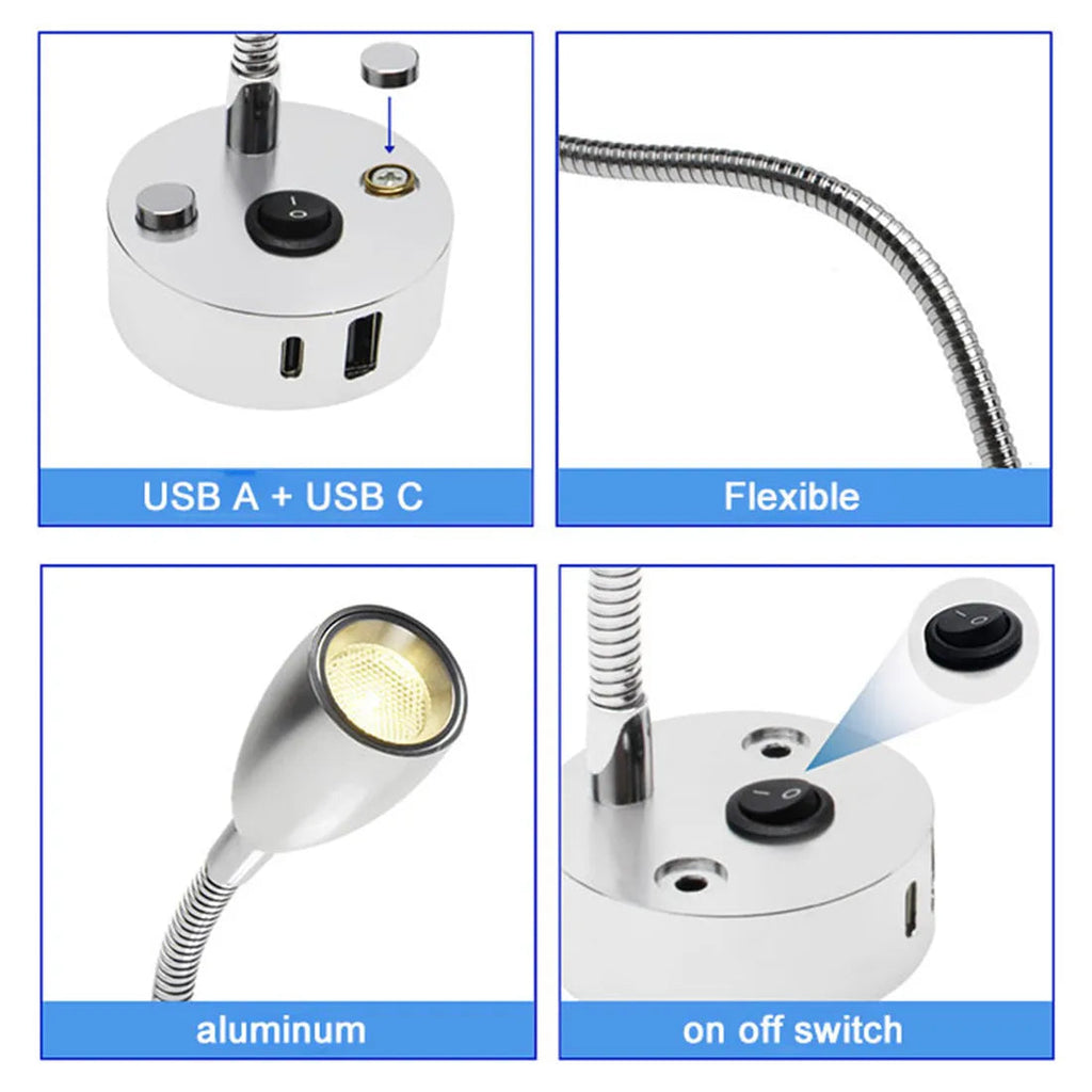 FlexiBeam RV Reading Lamp | 12V–24V Gooseneck Light with USB-C Fast Charging | LED Interior Lighting for Motorhome, Boat & Camper