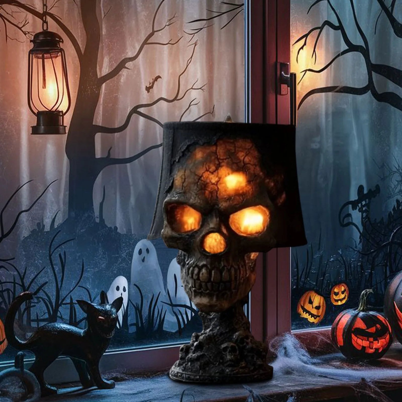 Gothic Table Lamp SkullFire | Halloween Skull Decoration | LED Ambient Light | 20 x 11 x 11 cm