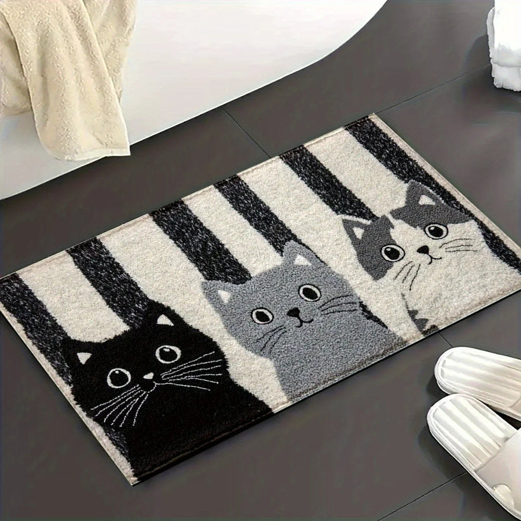 Cat Rug Miyono | Soft & Waterproof | Non-Slip Doormat with Stripes & Cartoon Cat Design | For Bedroom, Hallway & Living Room