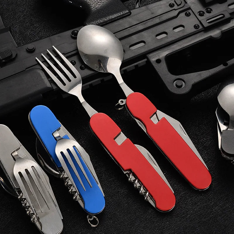 4-in-1 Outdoor Cutlery Set Camplico | Foldable Spoon, Fork, Knife & Bottle Opener | Stainless Steel & Compact | For Camping & Travel