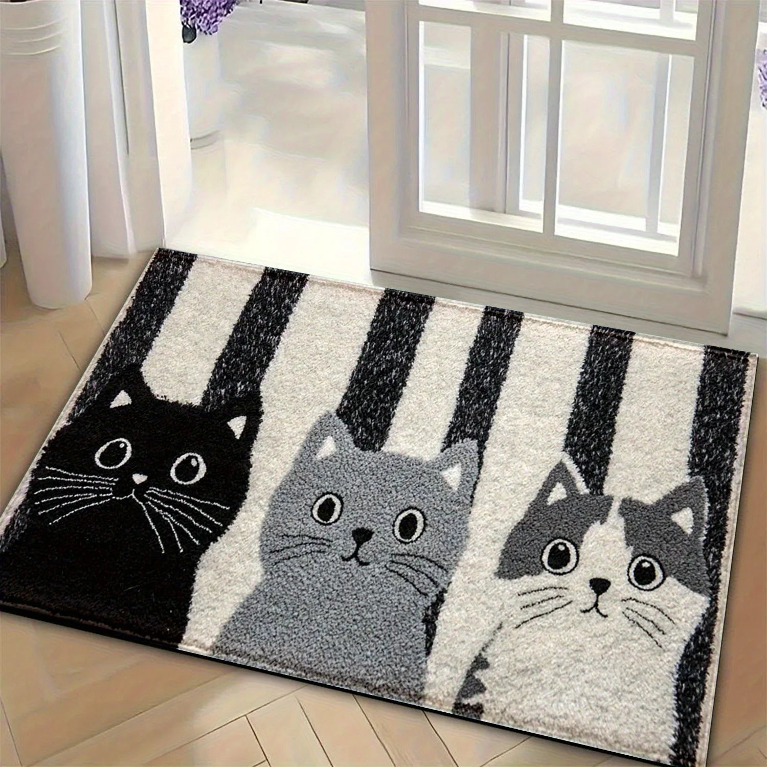 Cat Rug Miyono | Soft & Waterproof | Non-Slip Doormat with Stripes & Cartoon Cat Design | For Bedroom, Hallway & Living Room