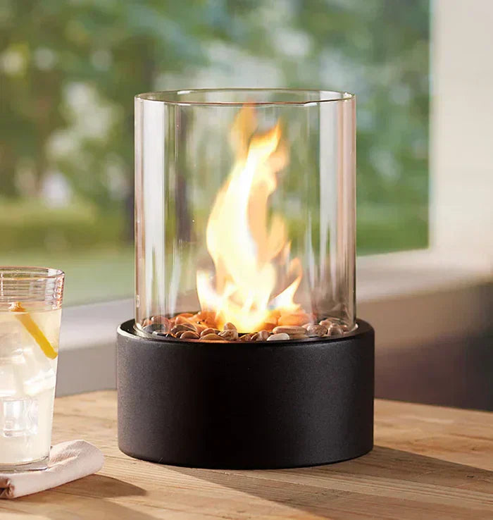 FlammaLume Table Lantern | Portable Decorative Fire Lamp | Modern Design & Flame Effect | For Indoor & Outdoor Use | Round Steel & Glass