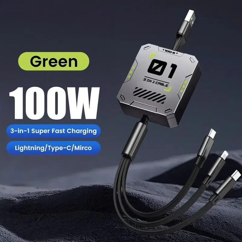 3-in-1 Charging Cable | 100W Fast Charging | Extendable & Universal | FlexiCharge for iPhone, Android & USB-C
