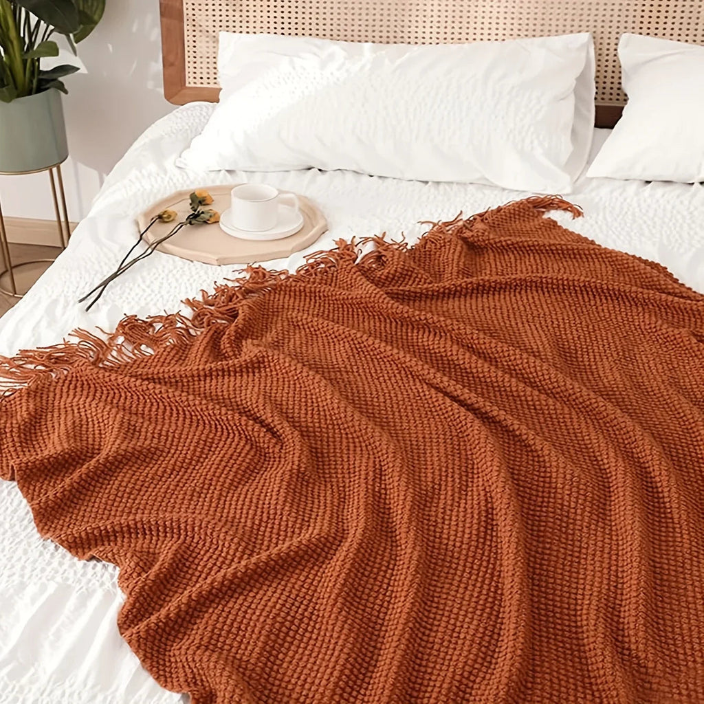 Aurelia Cozy Tassel Knit Blanket in Morandi Orange | Soft & Warm | 3 Sizes | For Sofa, Bed & Travel