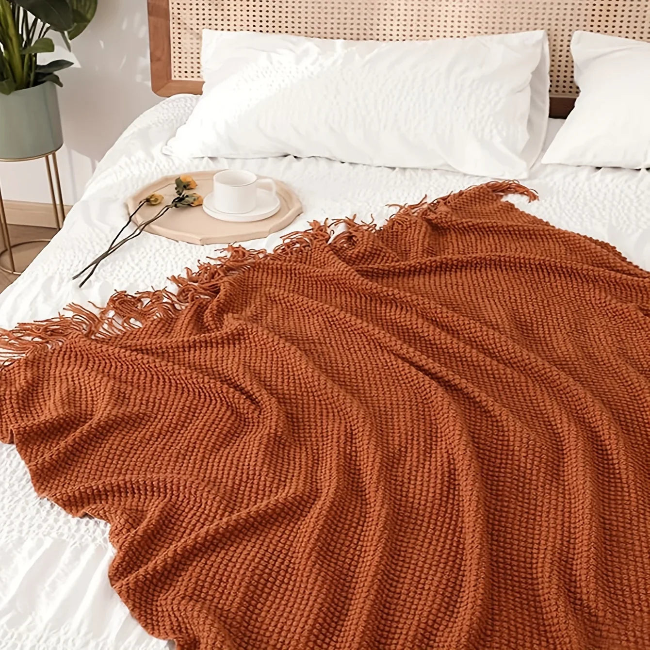 Aurelia Cozy Tassel Knit Blanket in Morandi Orange | Soft & Warm | 3 Sizes | For Sofa, Bed & Travel