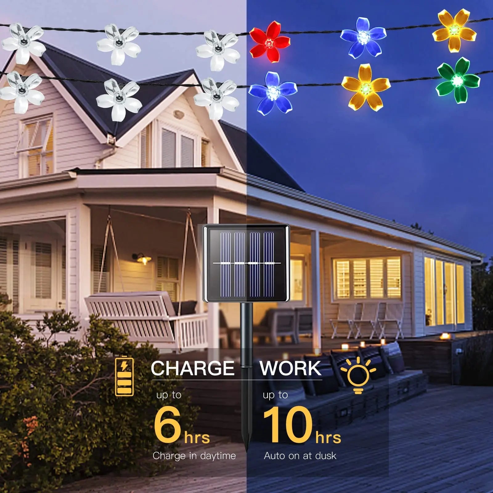 Floriva Solar String Lights Outdoor | Flower Design | 8 Modes | IP65 Waterproof | Warm White & RGB | 5 m / 7 m / 12 m