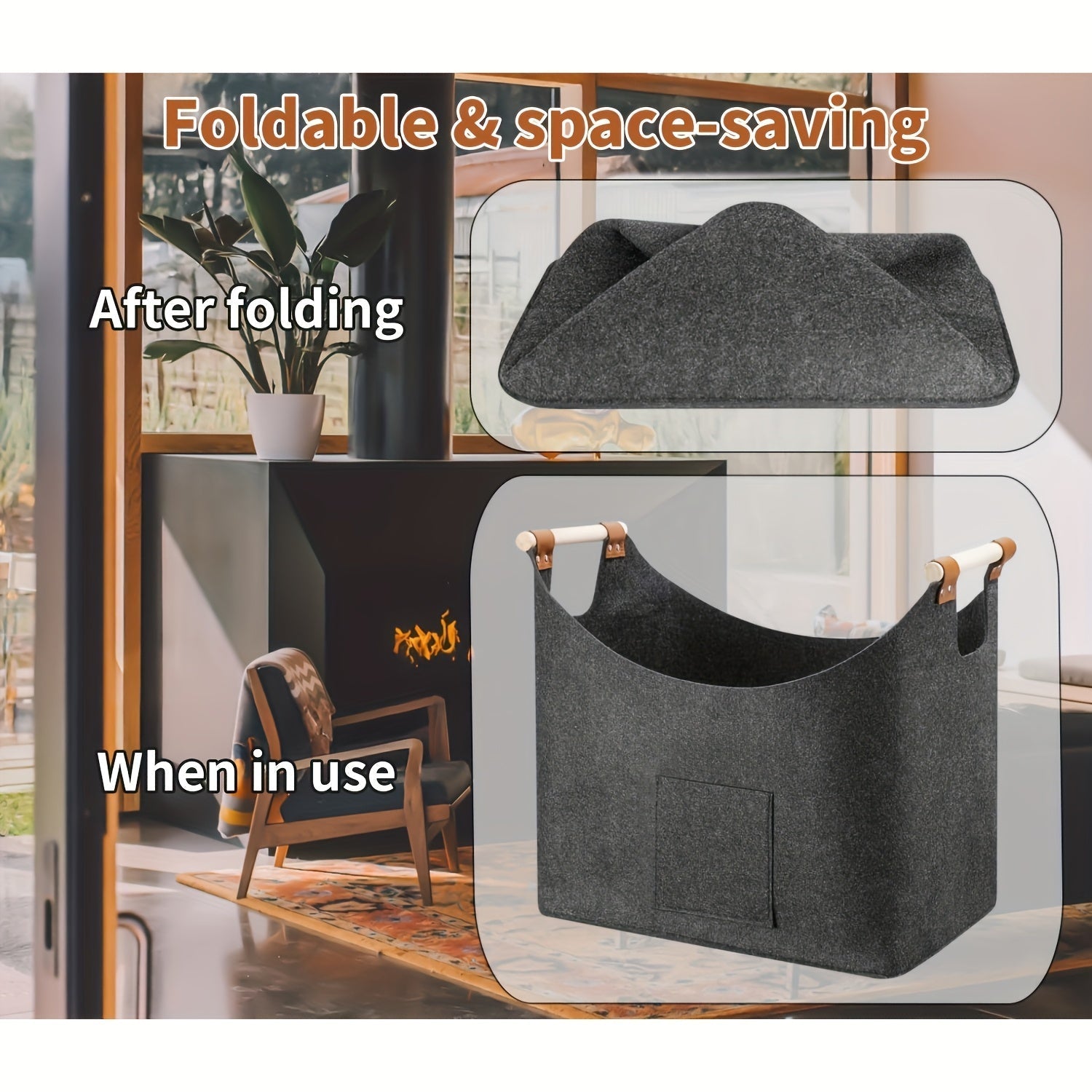 Felt Firewood Basket FELDURA | Foldable | 55L Volume | With Wooden Handles & Leather Details | Dark Grey