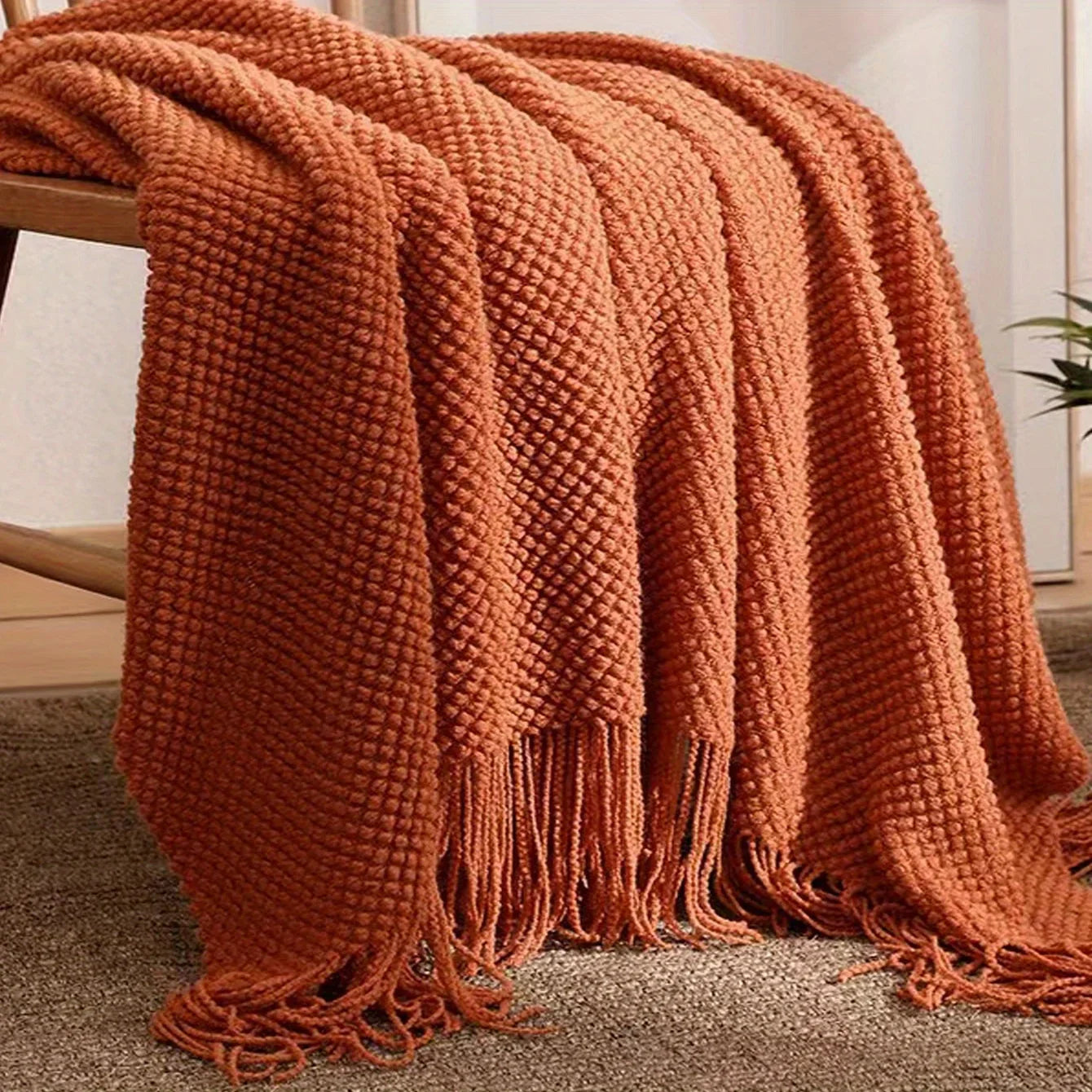 Aurelia Cozy Tassel Knit Blanket in Morandi Orange | Soft & Warm | 3 Sizes | For Sofa, Bed & Travel