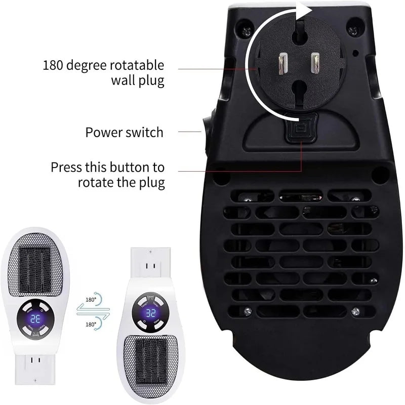 EcoHeat Plug-in Fan Heater | Energy Efficient & Quiet | Digital Thermostat & Timer | EU Plug