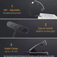 FlexiRead Reading Lamp | USB Rechargeable | 3 Light Colors & Dimmable | Clip & Flexible Arm