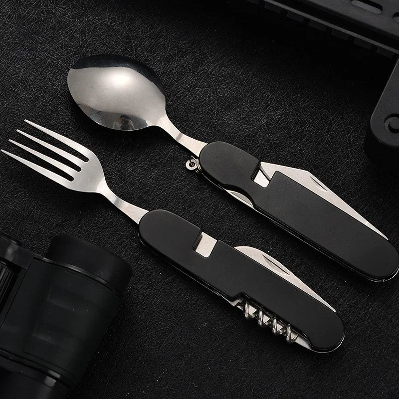 4-in-1 Outdoor Cutlery Set Camplico | Foldable Spoon, Fork, Knife & Bottle Opener | Stainless Steel & Compact | For Camping & Travel