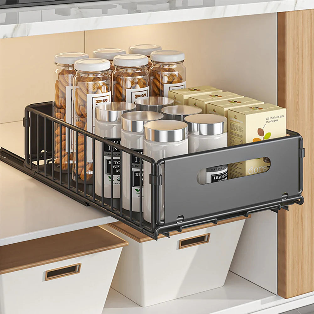 Cabinova Extendable Kitchen Shelf with Drawer | Metal Organizer for Spices & Cleaning Supplies | No Drilling Needed