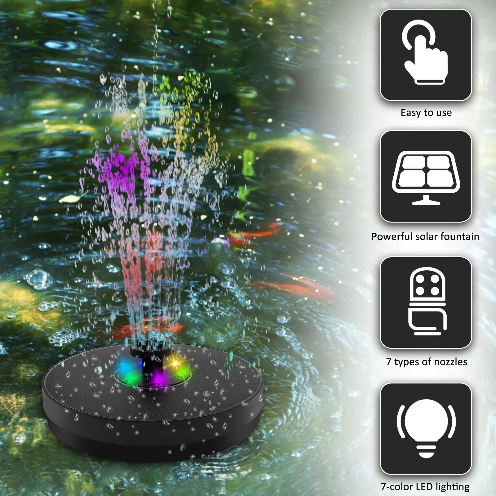 AquaLume Solar Spring | 3W Solar Fountain with LED Color Play | Up to 60 cm Fountain Height | 7 Nozzle Attachments