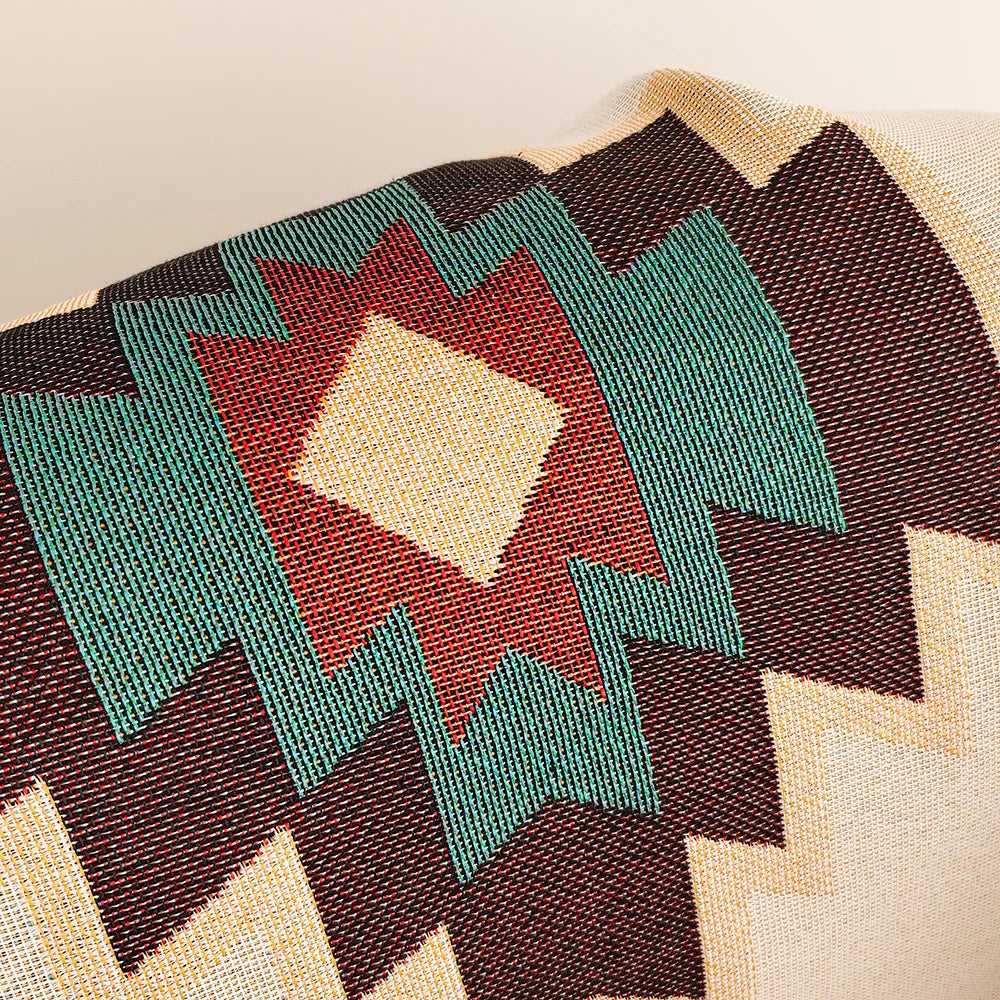 AztecaLoom Boho Blanket | XXL Aztec Plaid with Fringes | Southwestern Ethno Style | Vintage Cotton Blend Throw Blanket