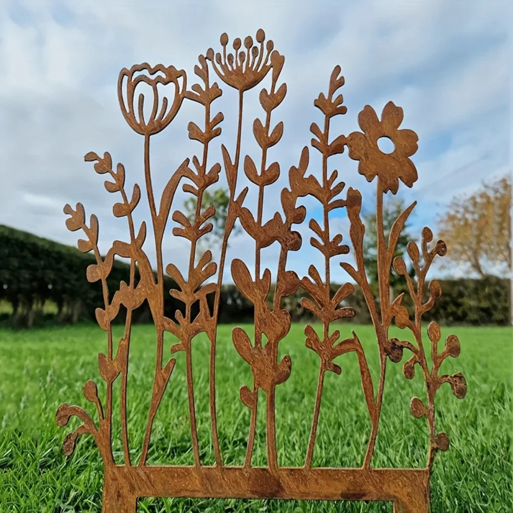 FLORAVINTA Metal Garden Stake Wildflower | Rust Look Vintage Yellow | For Beds, Pots & Walls | Handmade Country Style