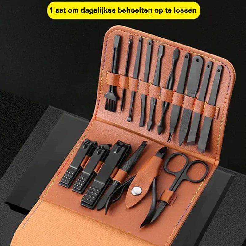 PureNail Pro | Maniküre-Set 16-teilig | Edelstahl Nagelpflege-Set | PU-Leder Etui | Für Hände, Füße & Gesicht