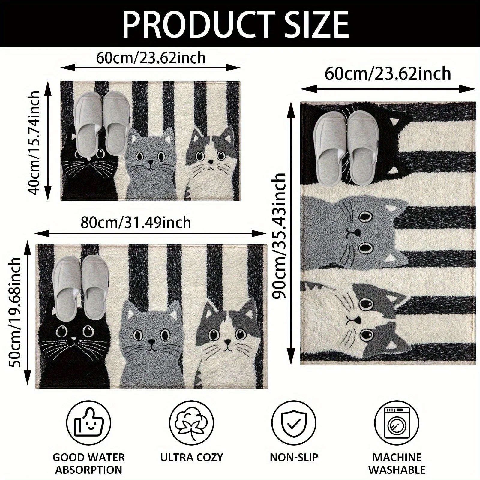 Cat Rug Miyono | Soft & Waterproof | Non-Slip Doormat with Stripes & Cartoon Cat Design | For Bedroom, Hallway & Living Room