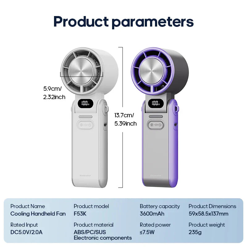 CoolityGo handheld fan with ice-cool technology | 100 speed levels | 3600mAh battery | Foldable & ultra-lightweight