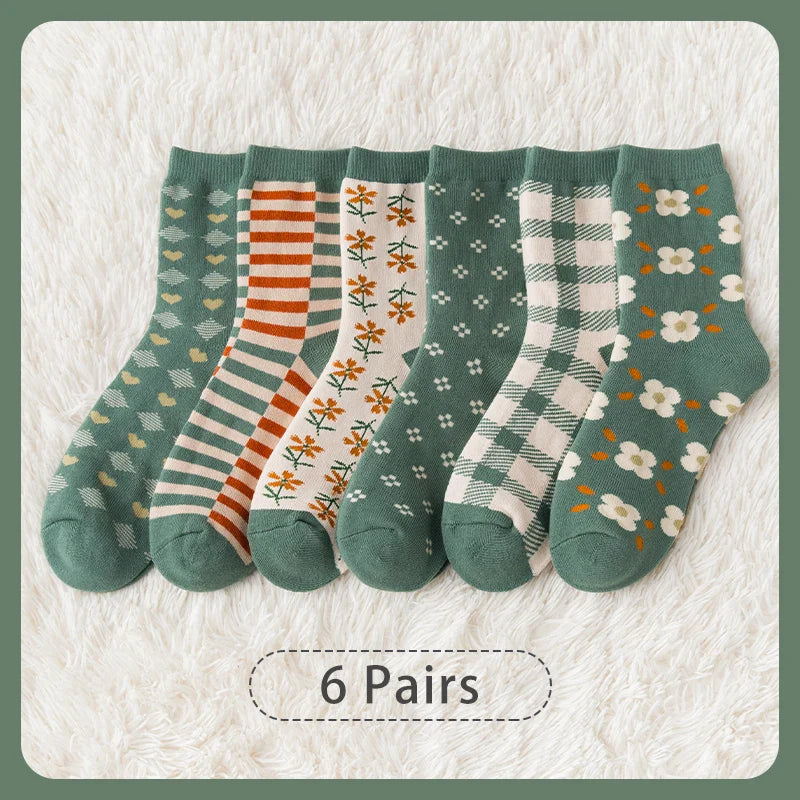 CozyBloom | 6 Pairs Women's Socks | Autumn & Winter | Cute College Style | Thick & Warm