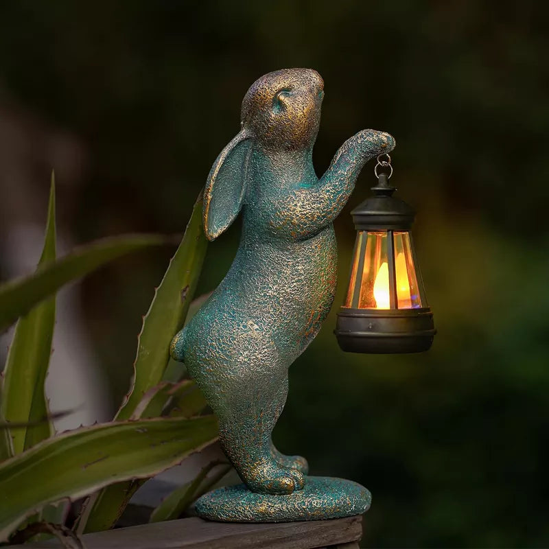 LunaHase | Solar-Hasenfigur mit Laterne | Wetterfeste Gartendekoration | LED-Solarleuchte