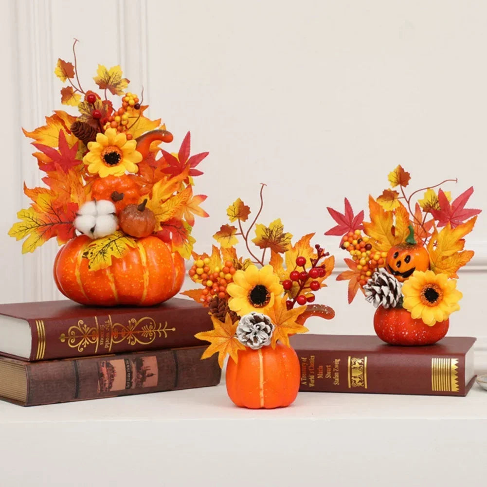 Autumn Magic | Decorative Pumpkin with Artificial Flowers | 25–30 cm | Autumn & Halloween Decor