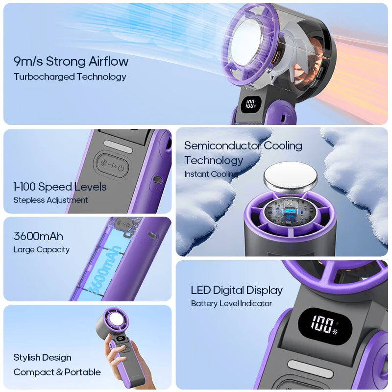 CoolityGo Hand Fan with Ice-Cool Technology | 100 Speed Levels | 3600mAh Battery | Foldable & Ultra Lightweight