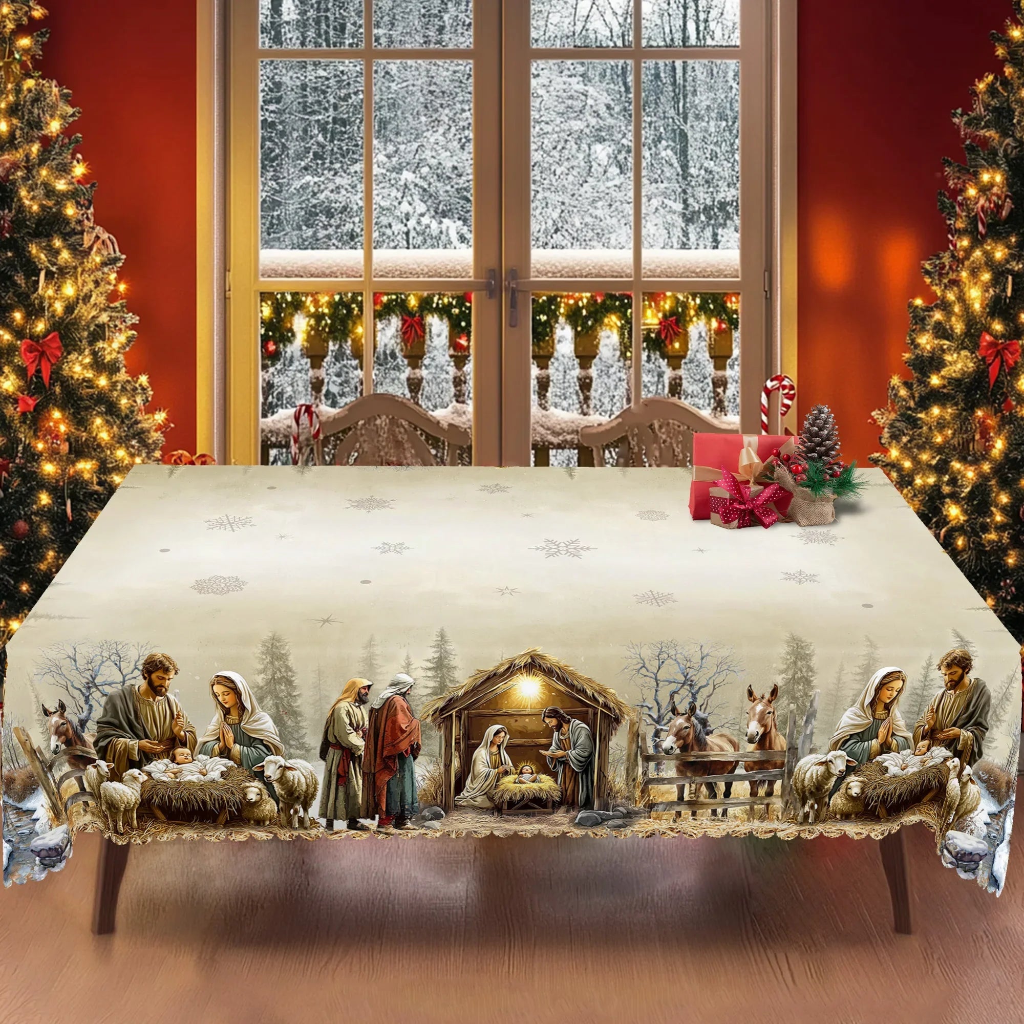 Celestiva | Christmas Tablecloth with Nativity Scene | Round & Rectangular | Festive Decoration for Indoor & Outdoor | Wipeable & Easy Care