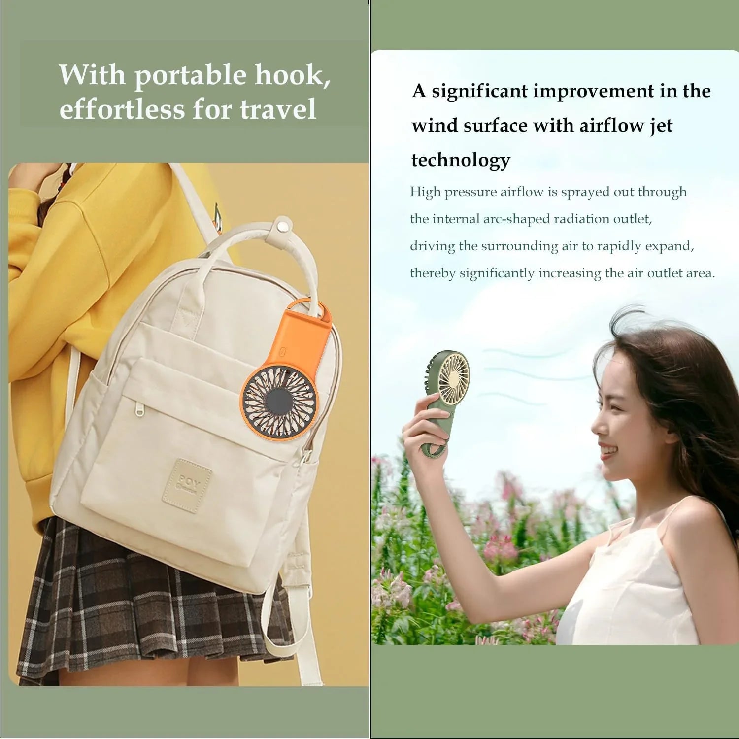 BreezeeGo MinQi Fan with Carabiner | USB Rechargeable & Foldable | Quiet & Portable | For Travel, Office & Home