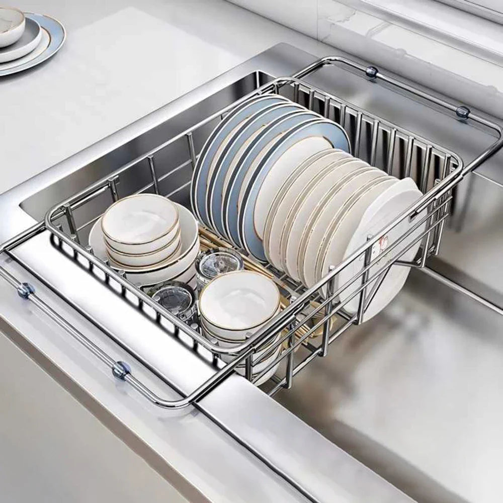 Flexinox Draining Rack | Extendable & Non-Slip | Stainless Steel Sink Basket for Sink & Countertop