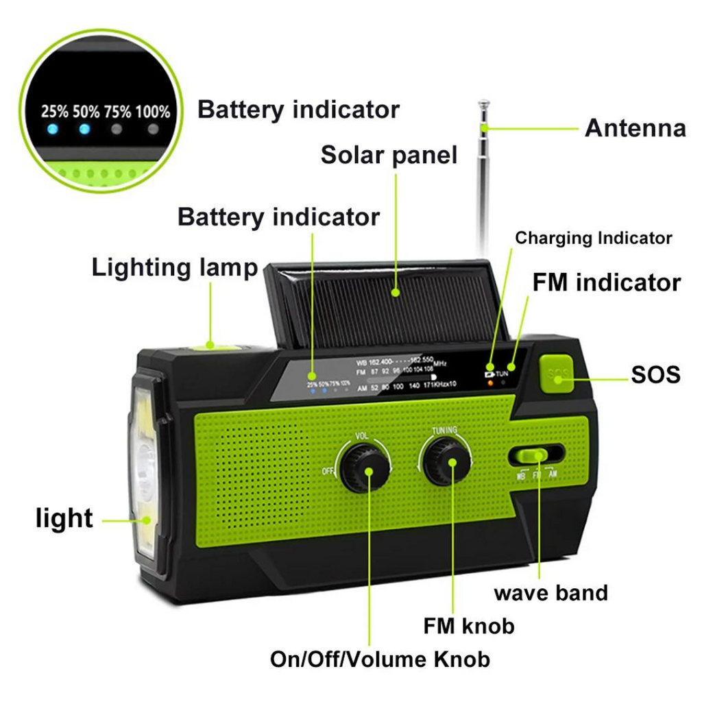 Notfallradio mit Solarbetrieb | Handkurbel & LED-Taschenlampe | USB-Ladefunktion