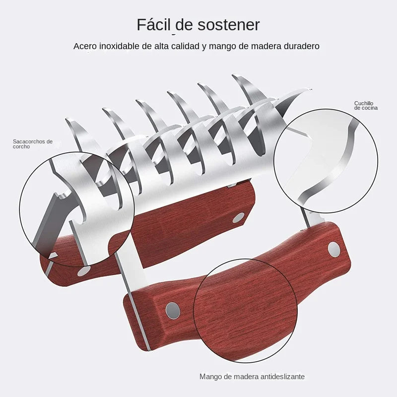GrillWilde BBQ Meat Claws Made of Stainless Steel | With Wooden Handle & Bottle Opener | Ideal for Pulled Pork, Chicken & Grilled Meat