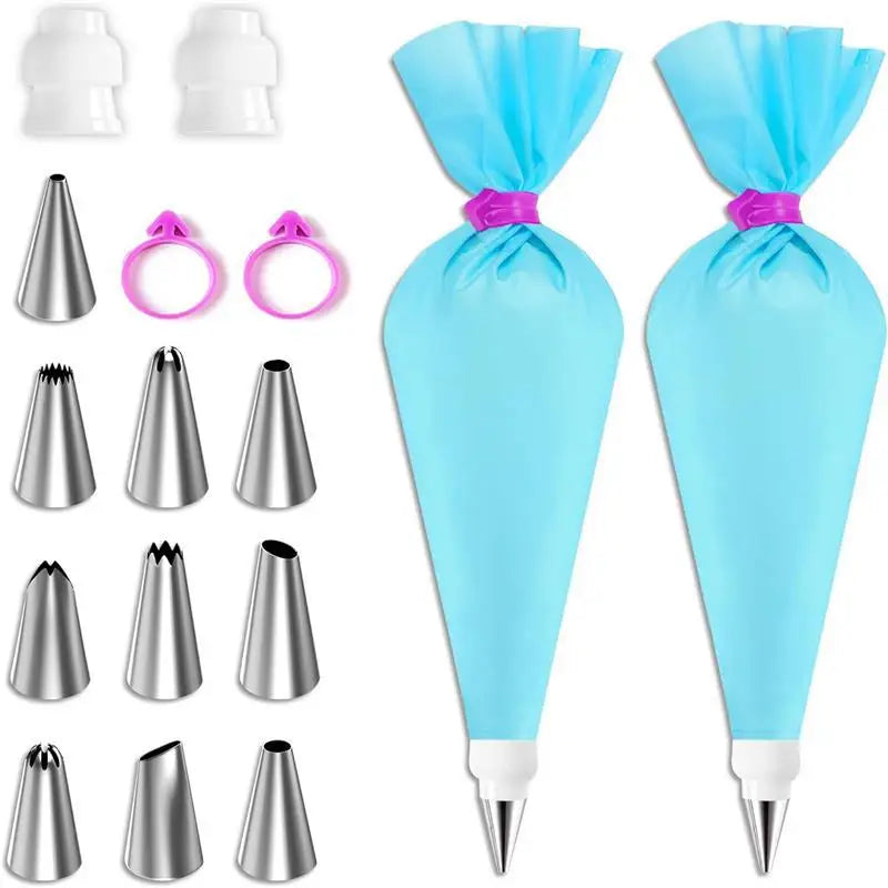 BakeDeko™ Piping Tip Set | Reusable Silicone Pastry Bags with Stainless Steel Nozzles | For Cakes, Cupcakes & Pastries