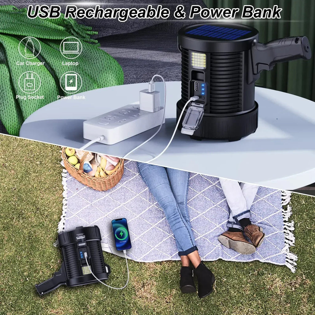 Handheld Spotlight LuminexPro 900K | 900,000 Lumens | 10000 mAh Battery | Solar & USB Charging Function | IPX5 Waterproof