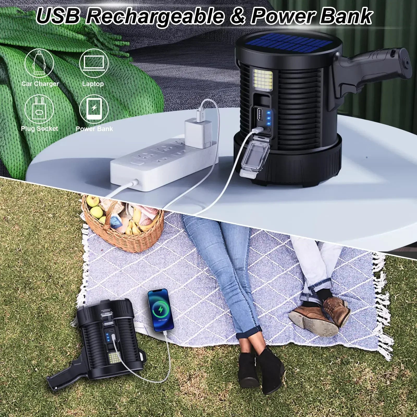 Handheld Spotlight LuminexPro 900K | 900,000 Lumens | 10000 mAh Battery | Solar & USB Charging Function | IPX5 Waterproof