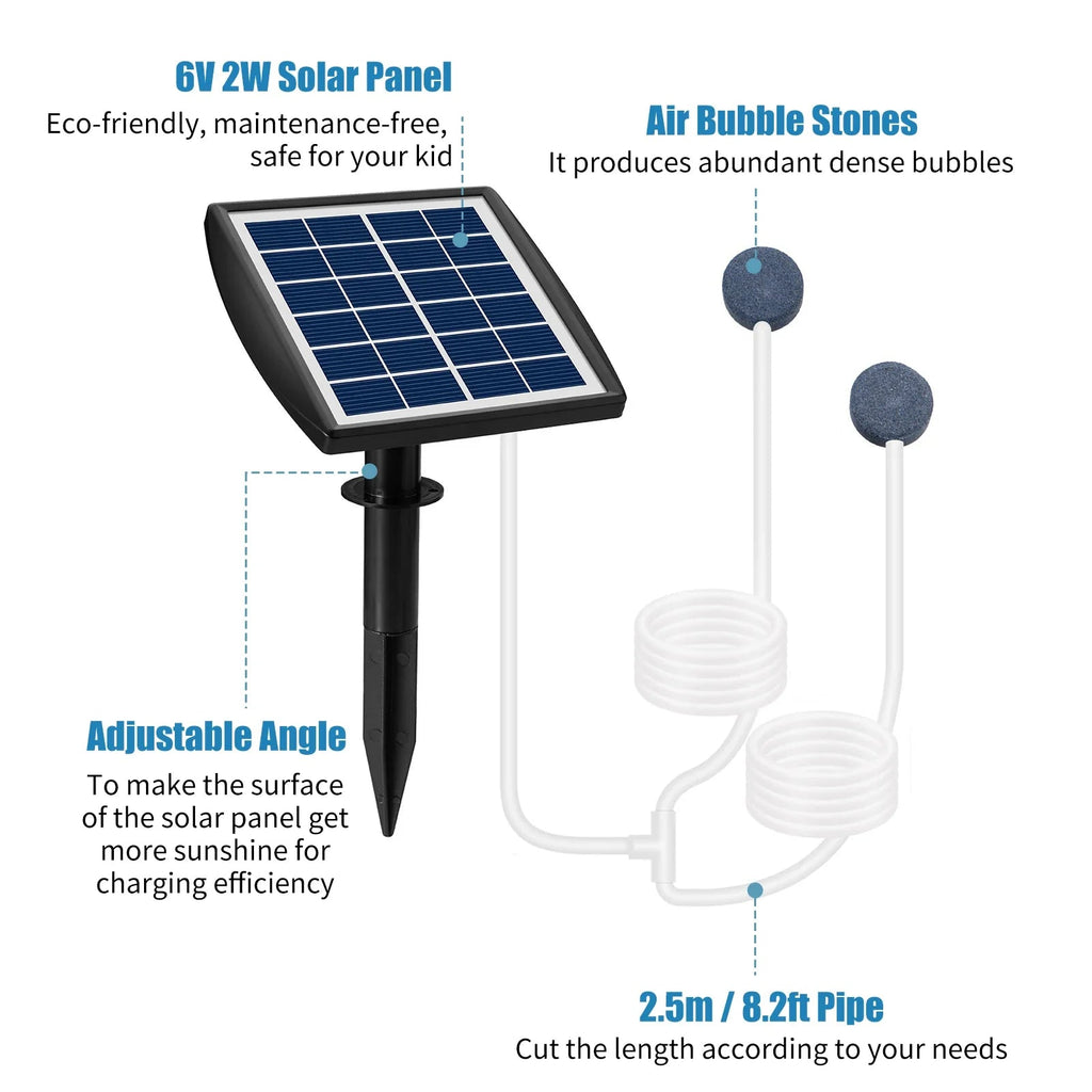 AquaSola Solar-Powered Oxygen Pump with Battery | 6V 2W | For Ponds & Aquariums | Includes 2 Air Stones & 0.25 cm Hose