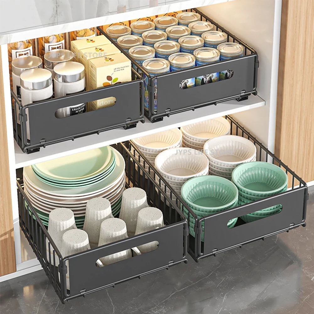 Cabinova Extendable Kitchen Shelf with Drawer | Metal Organizer for Spices & Cleaning Supplies | No Drilling Needed
