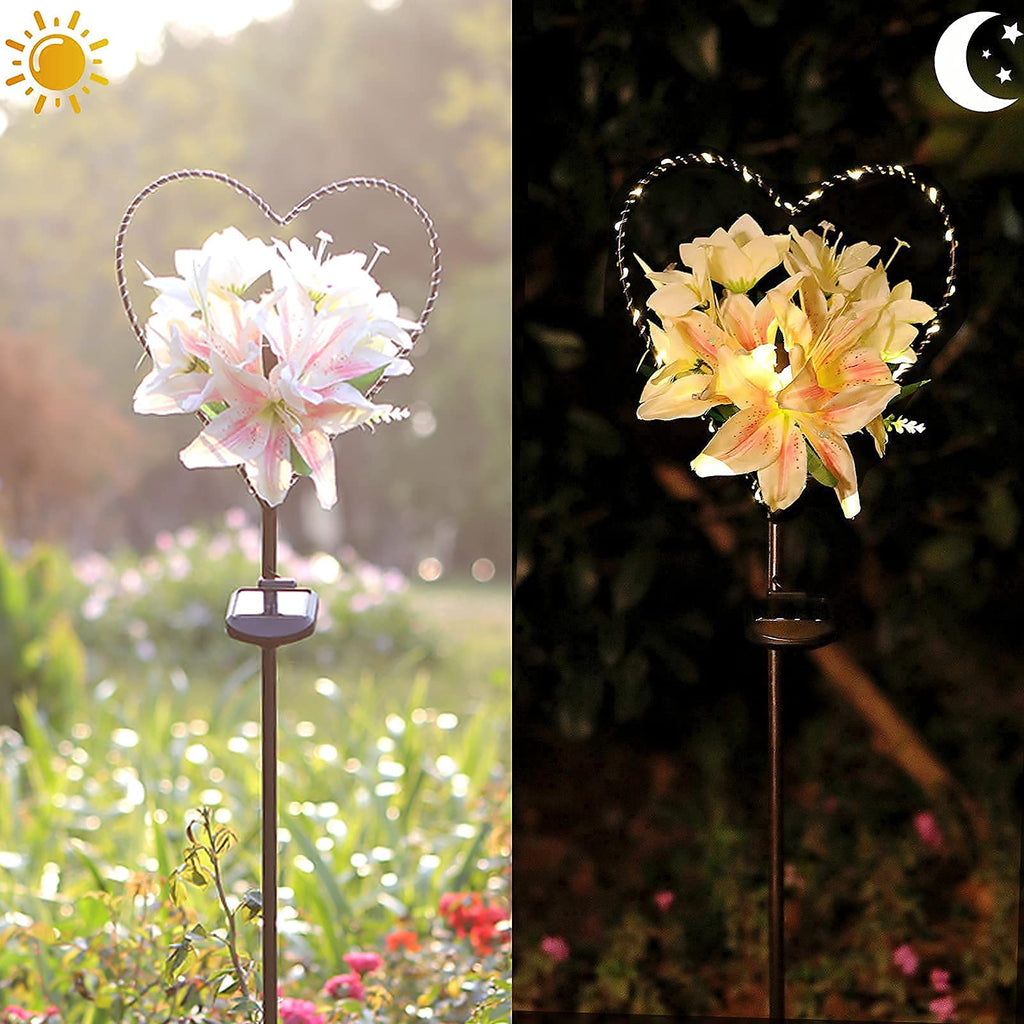 LumiLilie | Solar Gartenleuchte Herzform | Weiße Lilienblüten | 25 Warmweiße LEDs | IP64