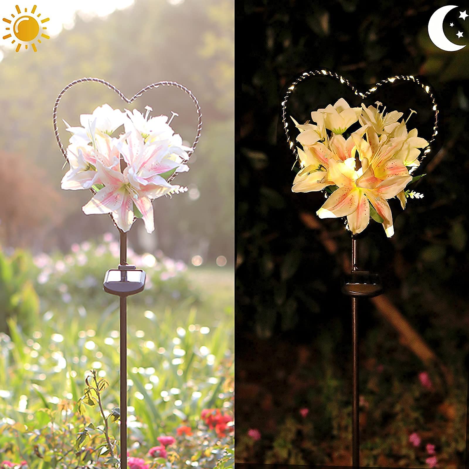 LumiLilie | Solar Gartenleuchte Herzform | Weiße Lilienblüten | 25 Warmweiße LEDs | IP64