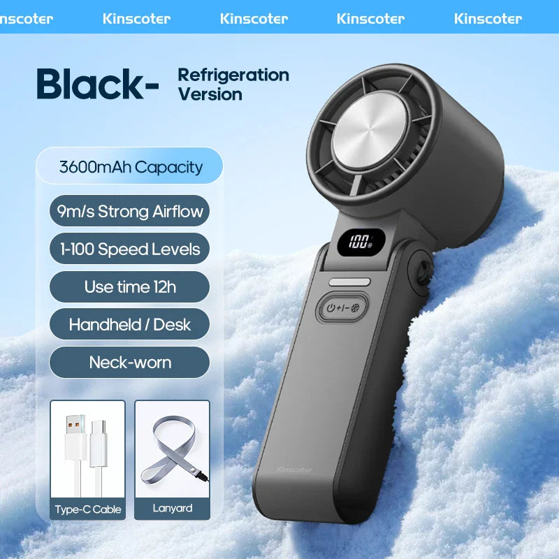 CoolityGo handheld fan with ice-cool technology | 100 speed levels | 3600mAh battery | Foldable & ultra-lightweight
