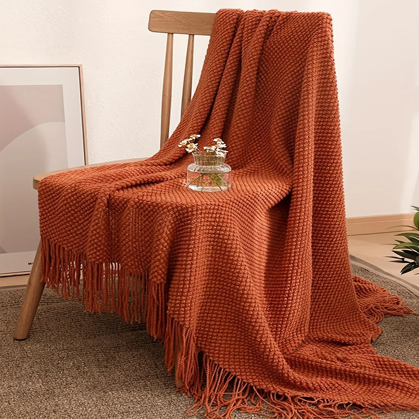 Aurelia Cozy Tassel Knit Blanket in Morandi Orange | Soft & Warm | 3 Sizes | For Sofa, Bed & Travel
