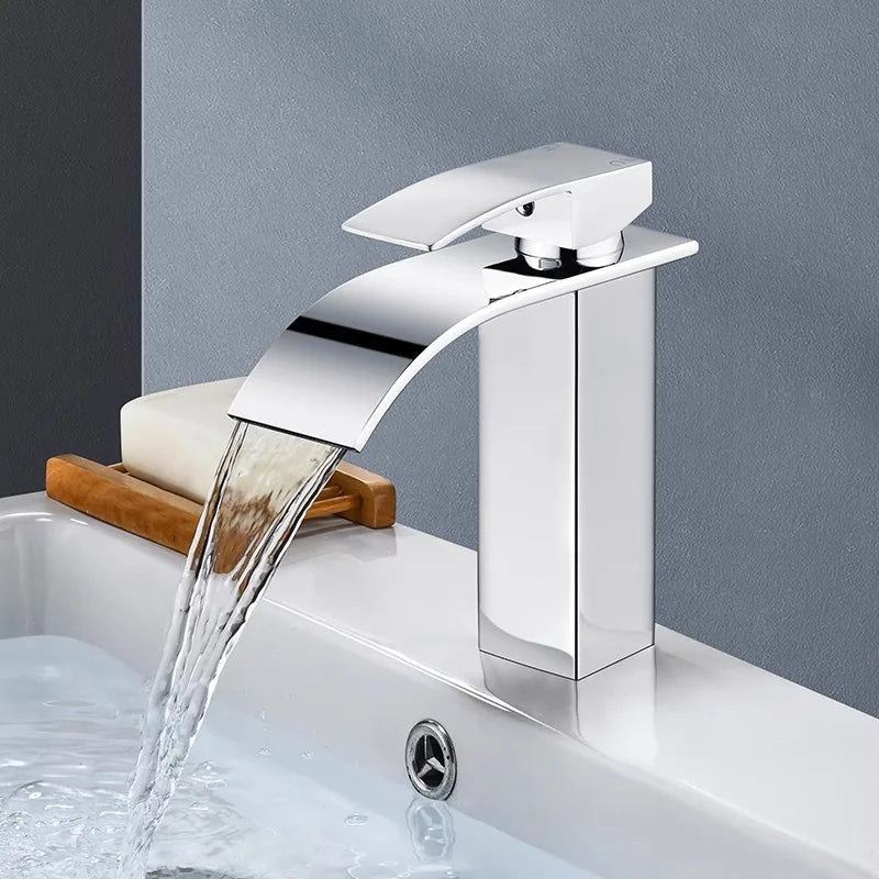 Aqualis Noir Waterfall Basin Mixer Tap | Stainless Steel | Hot & Cold Water | For Bathroom & Guest WC