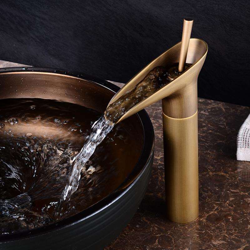 AquaVintura Antique Waterfall Basin Faucet | Brass Mixer Tap with Single Lever | Hot & Cold Water | Bronze Finish