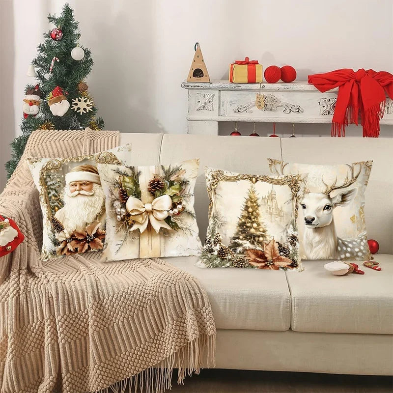 GoldenVintage Cushion Covers Set of 4 | Christmas Design with Santa, Reindeer & Bow | Sofa Decor & Living Room | 45×45 cm
