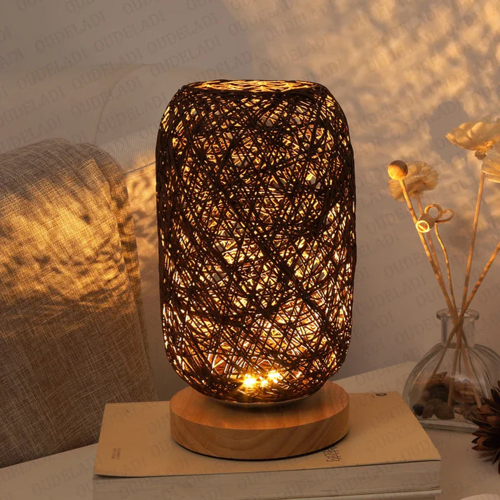 HolzLuma LED Table Lamp | Handcrafted from Wood & Rope | Warm White Light | For Bedroom & Living Room