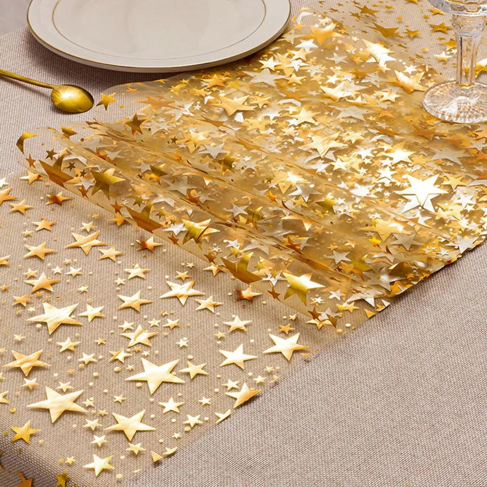 Glittering Table Runner "StellaLuxe" | Gold, Rose Gold or Silver | Metallic Shimmering Mesh Runner with Star Pattern | For Parties & Dinner Decoration