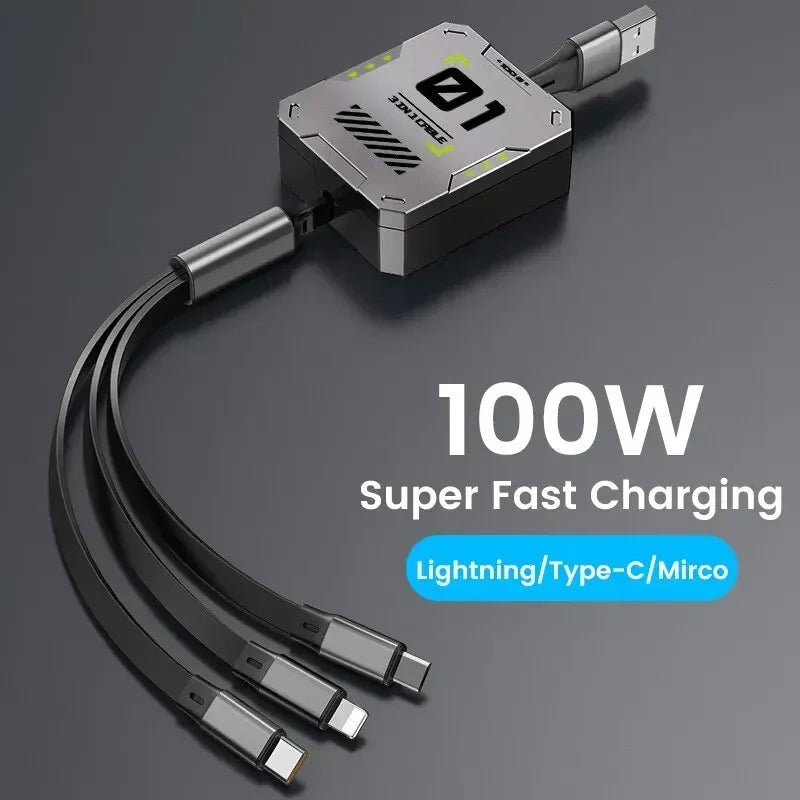 3-in-1 Charging Cable | 100W Fast Charging | Extendable & Universal | FlexiCharge for iPhone, Android & USB-C