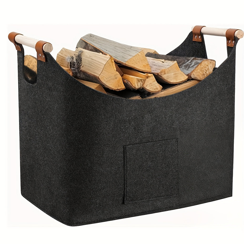 Felt Firewood Basket FELDURA | Foldable | 55L Volume | With Wooden Handles & Leather Details | Dark Grey