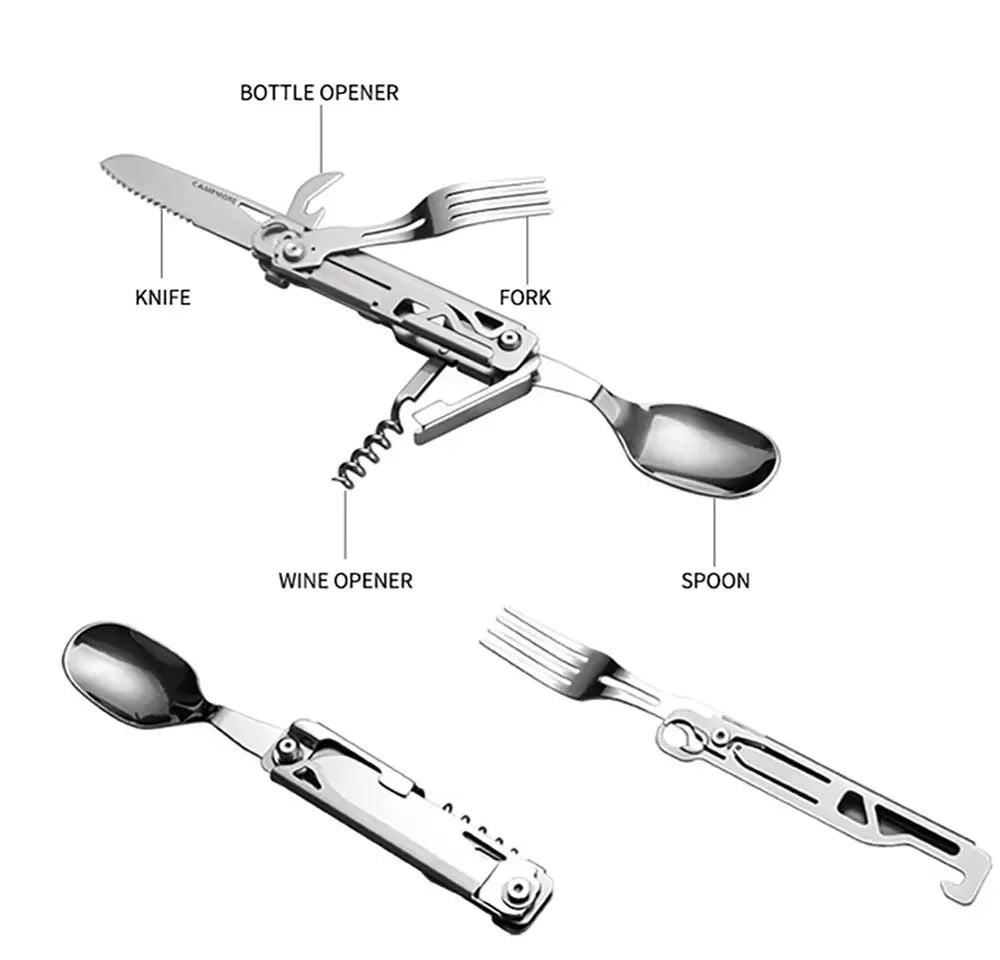 GearSpork Outdoor Cutlery 6-in-1 | Foldable Multi-Function Cutlery Made of Stainless Steel | Knife, Fork, Spoon, Can Opener & Bottle Opener | For Camping & Trekking